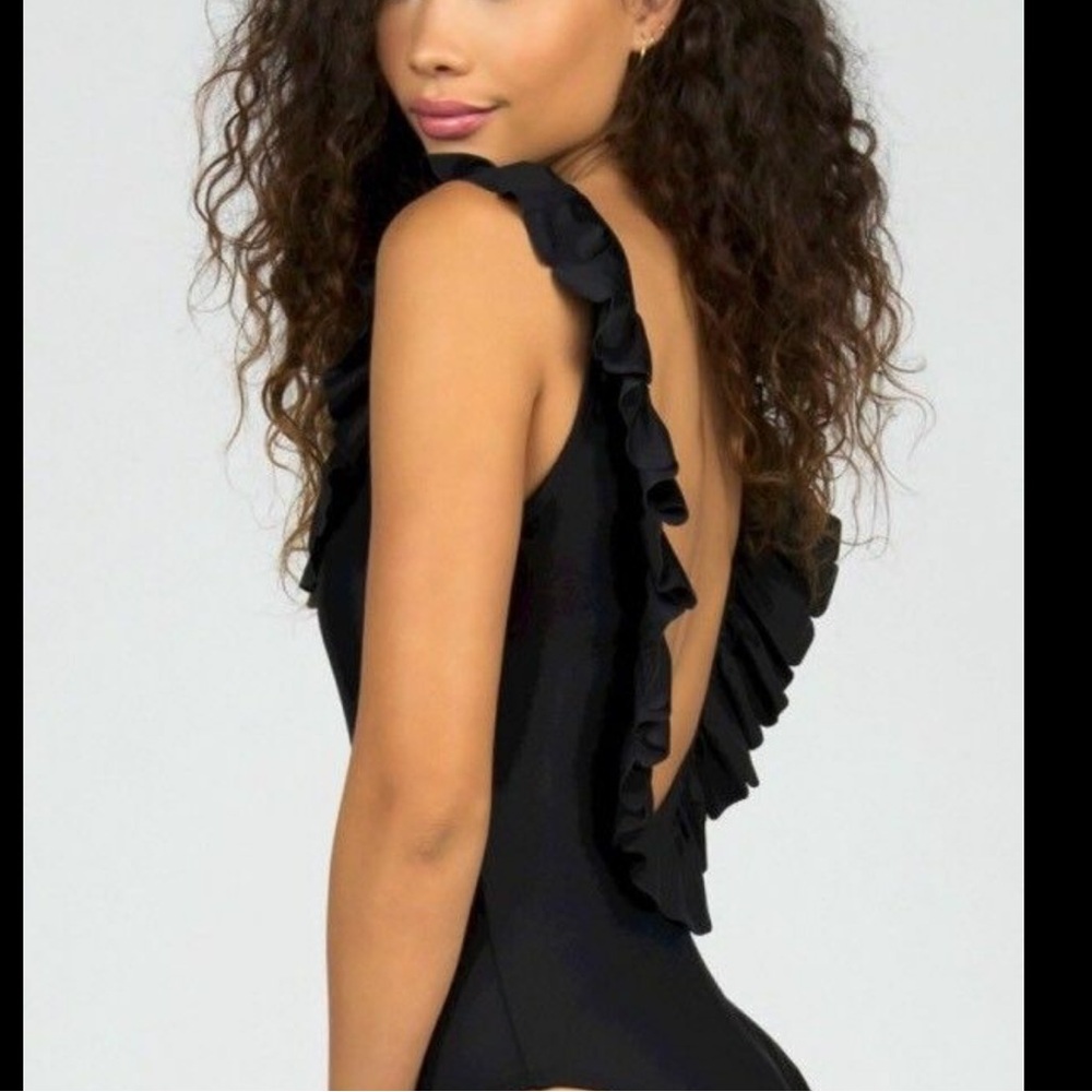 SUGAR COAST by Lolli Swim Ruffled Black 1 Piece Swimsuit low scoop back - Picture 3 of 7